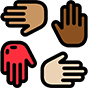 Four stylized hands of different colors arranged in a square.