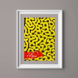 Framed abstract art with yellow and black patterns and a red signature.