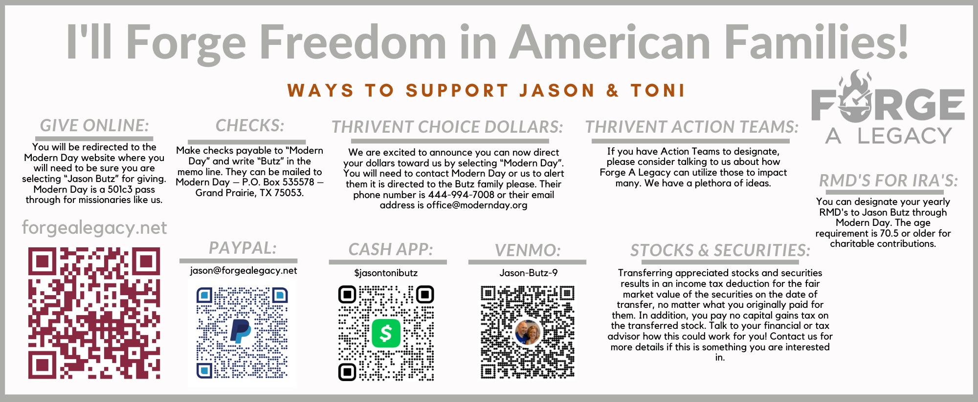 A flyer showing ways to support Jason and Toni with cash app and PayPal donations.